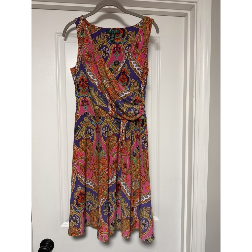 Lauren Ralph Lauren sleeveless‎ dress, pink & purple paisley, Faux Wrap, PS